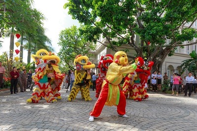 Dance ceremony for Chinese New Year. People in red and yellow costumes