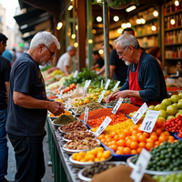 Diverse vendors and shoppers interact at Rome's Mercato Esquilino, showcasing colorful international produce. The concept represents Esquiline Hill in Rome.