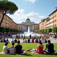 Diverse people enjoy Rome's Piazza Vittorio Emanuele II, featuring a fountain and the Magic Door. The concept represents Esquiline Hill in Rome.