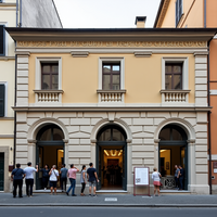 Visitors explore Palazzo Merulana's elegant facade, blending modern and historical architecture in Rome's Esquiline neighborhood. The concept represents Esquiline Hill in Rome.