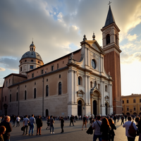 Sunset illuminates Santa Maria Maggiore's grand exterior as people admire Rome's majestic 5th-century basilica. The concept represents Esquiline Hill in Rome.